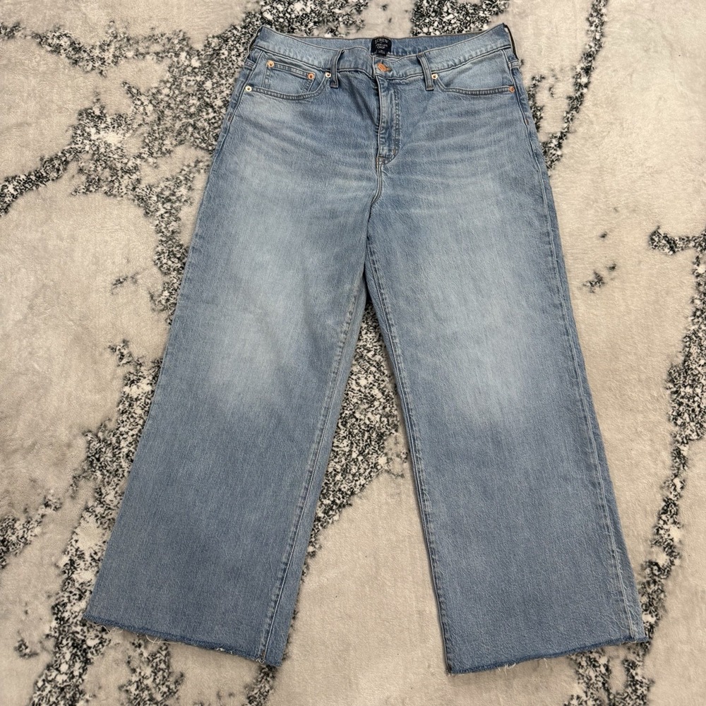 J Crew Wide Leg Crop Jeans Womens Size 31 Light Wash‎ Raw Hem Blue Denim